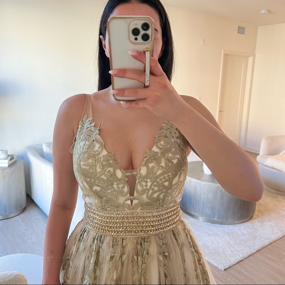 Gold Embroidered Tulle Evening Gown Dress - Picture 4 of 9